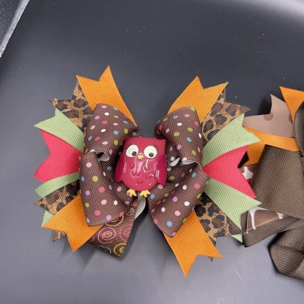 Lot of 2 Hair Bows Thanksgiving Fall Turkey Owl Brown Pink Clip Hairbow